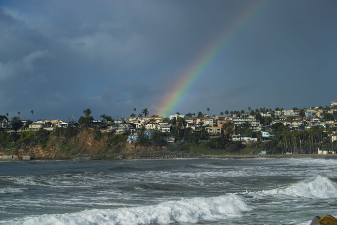 Rainbow over houses in a town, San Pedro, Los Angeles, California, USA