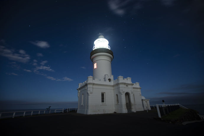 Lighthouse lit up at night, Cape Byron Lighthouse, Cape Byron, New South Wales, Australia