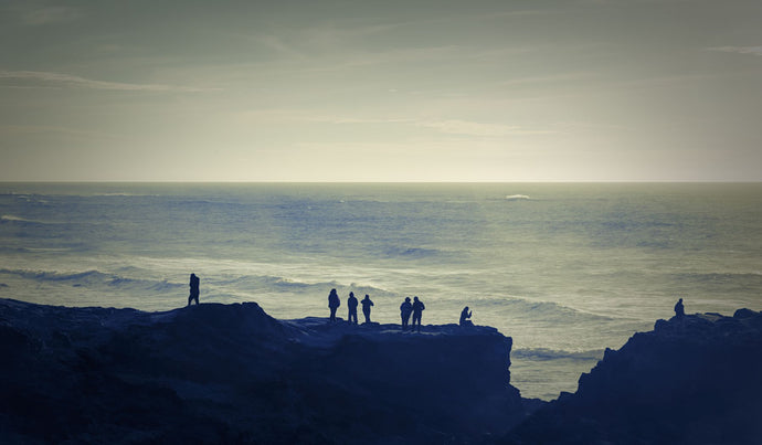 Silhouette of tourists on the coast watching sunset, near Pescadero, California, USA