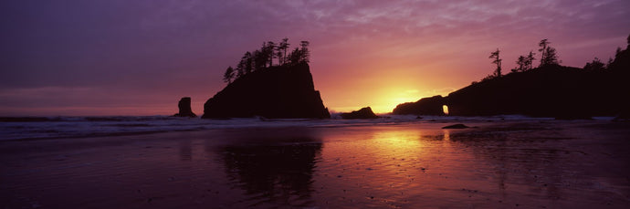 Silhouette of seastacks at sunset, Second Beach, Washington State, USA