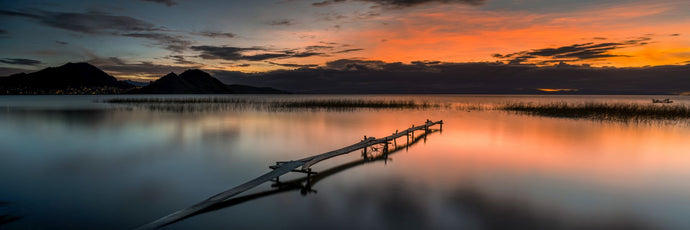 Elevated view of jetty on beach, Copacabana, Lake Titicaca, Bolivia