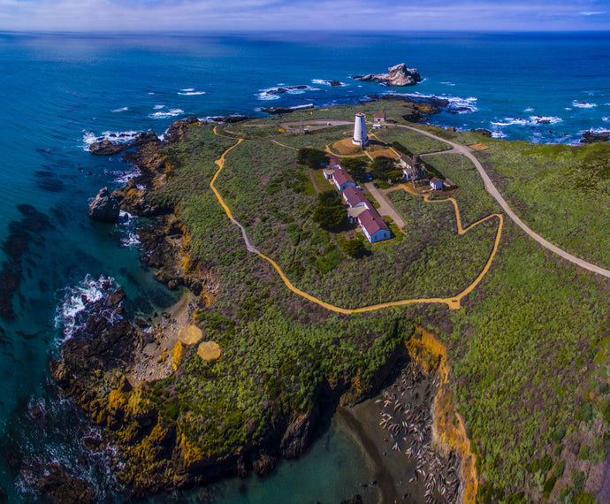 Elevated view of Piedras Blancas Lighthouse, San Simeon, California, USA